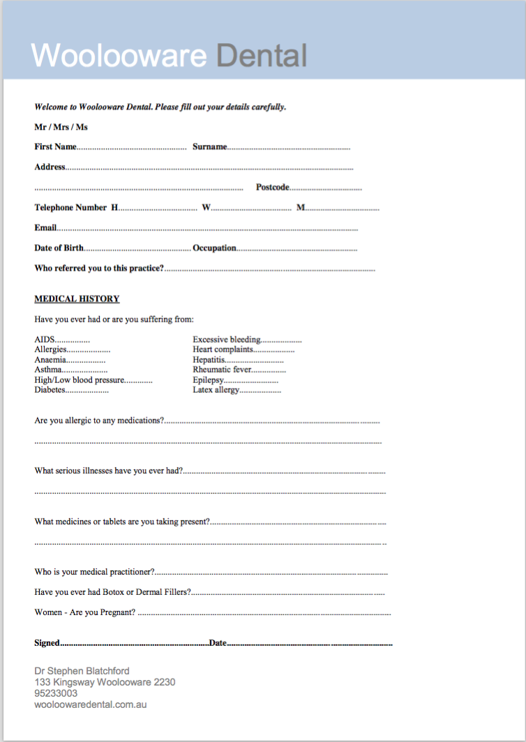 woolooware dental medical history